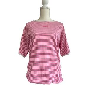 Metro Express Romantic Vintage Pink Striped Ribbed Short Sleeve Top‎ Y2K